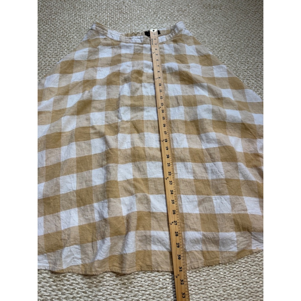 Tan White Gingham Linen Blend Midi A-Line Skirt picnic flowy preppy size 6 - Picture 6 of 8